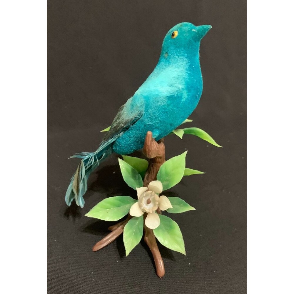 Vintage Flocked and Feathered Blue Bird on Hard Plastic Flower Tree MCM Kitsch